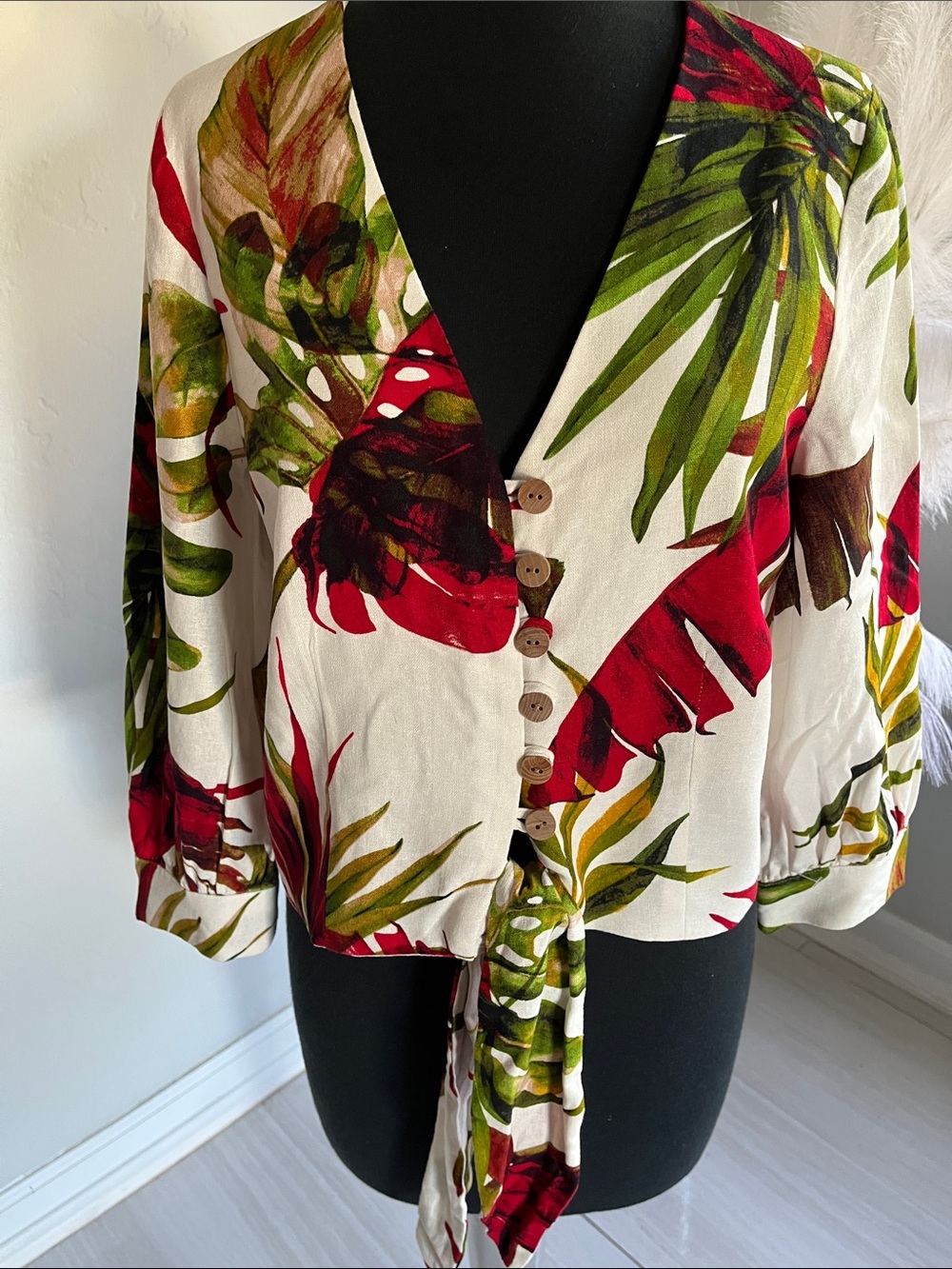 Tie-Front Tropical V-Neck Blouse in Cream, Red & Green